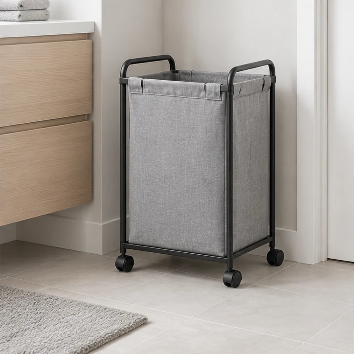 Rolling Laundry Basket, Black / gray — home setting